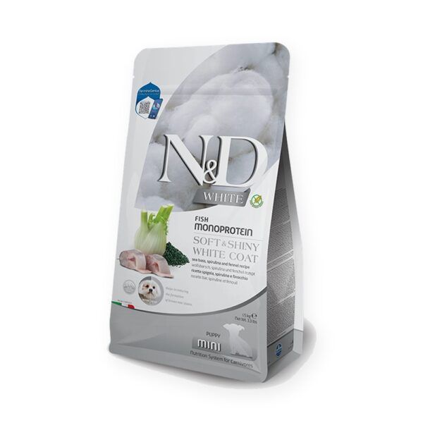 Farmina N&D White Lubina, Espirulina y Hinojo Pienso Sin Cereales para Cachorros Blancos Mini
