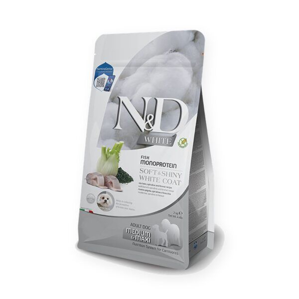 Farmina N&D White Lubina, Espirulina y Hinojo Pienso Sin Cereales para Perros Blancos Medianos y Grandes