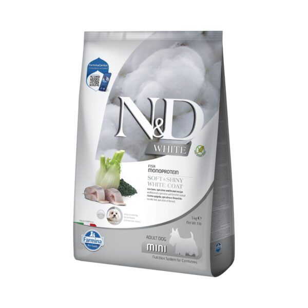 Farmina N&D White Lubina, Espirulina y Hinojo Pienso Sin Cereales para Perros Blancos Mini