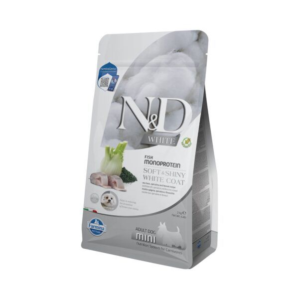 Farmina N&D White Lubina, Espirulina y Hinojo Pienso Sin Cereales para Perros Blancos Mini 2 Kg