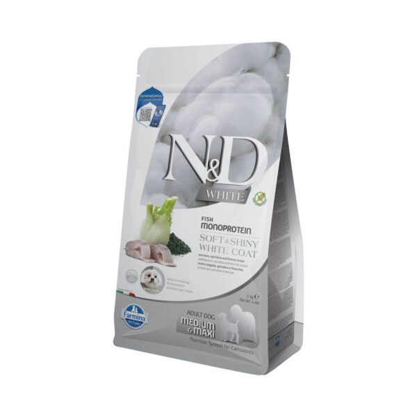 Farmina N&D White Lubina, Espirulina y Hinojo Pienso Sin Cereales para Perros Blancos Medianos y Grandes 2 Kg