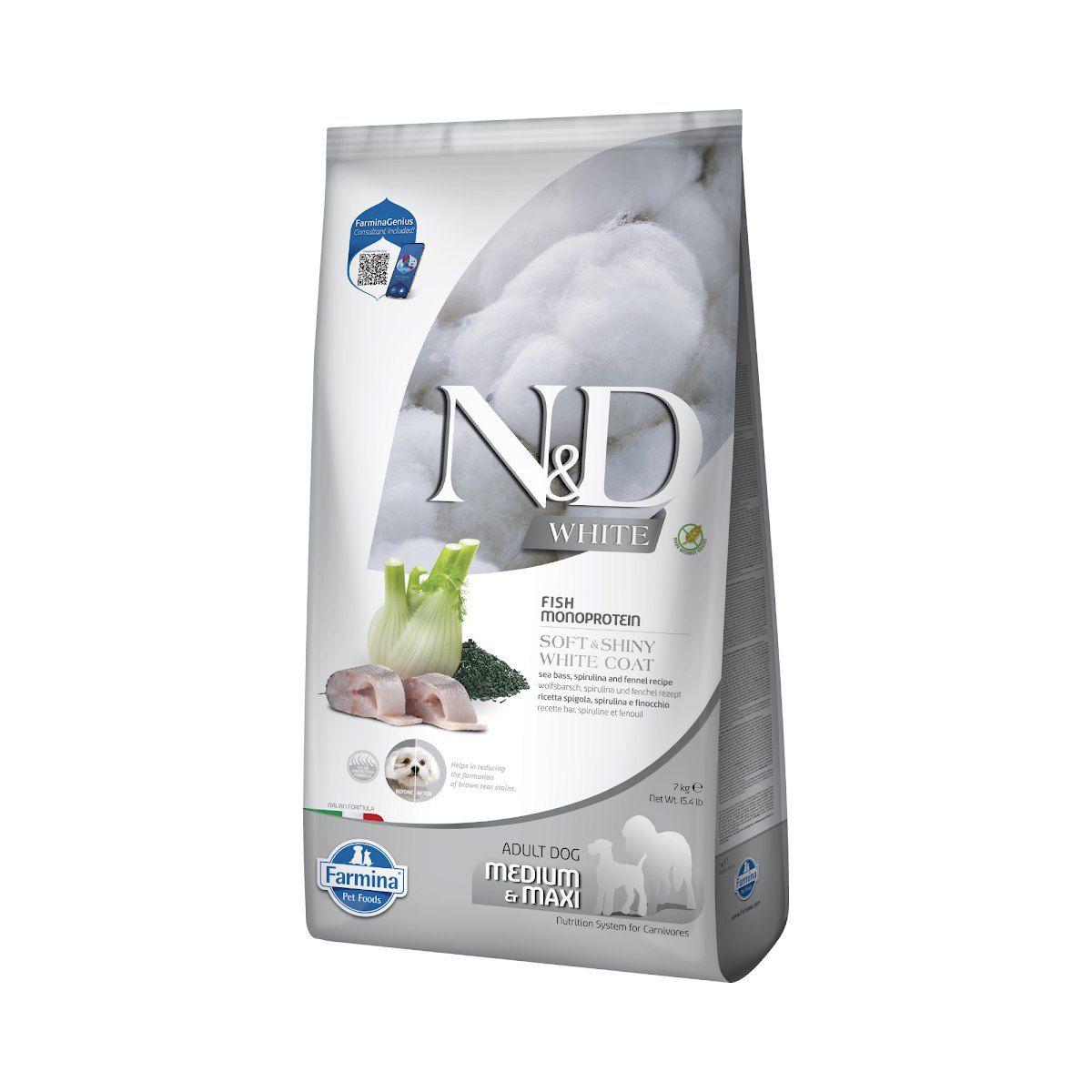 Farmina N&D White Lubina, Espirulina y Hinojo Pienso Sin Cereales para Perros Blancos Medianos y Grandes Farmina N&D White Lubina, Espirulina y Hinojo Pienso Sin Cereales para Perros Blancos Medianos y Grandes