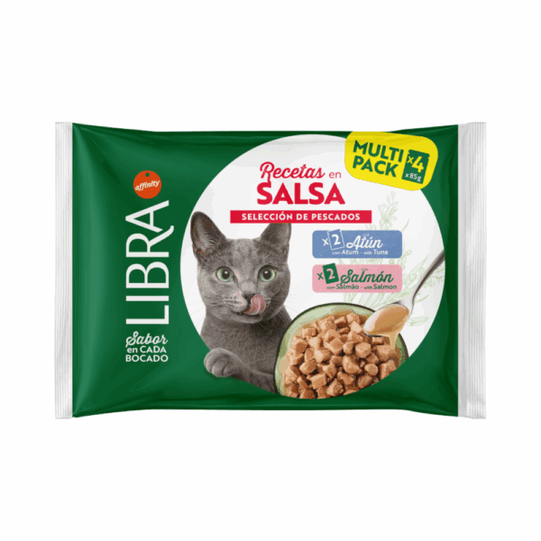 Libra Recetas en Salsa Selección de Pescados Salmón y Atún Para Gatos Pack Ahorro 60×85 Gr