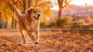Perro trotando por un camino con hojas de otoño recuperando movilidad y vitalidad