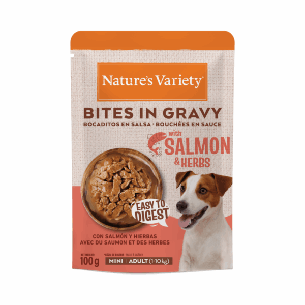 Nature's Variety Bocaditos en Salsa con Salmón y Hierbas Para Perros Mini Pack Ahorro 24×100 Gr