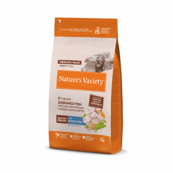Nature's Variety Healthy Grain Pescado Blanco Pienso Para Perros Adultos Medium/Maxi 10+2 Kg