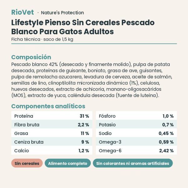 Nature's Protection Lifestyle Pienso Sin Cereales Pescado Blanco Para Gatos Adultos 1,5 kg ficha técnica