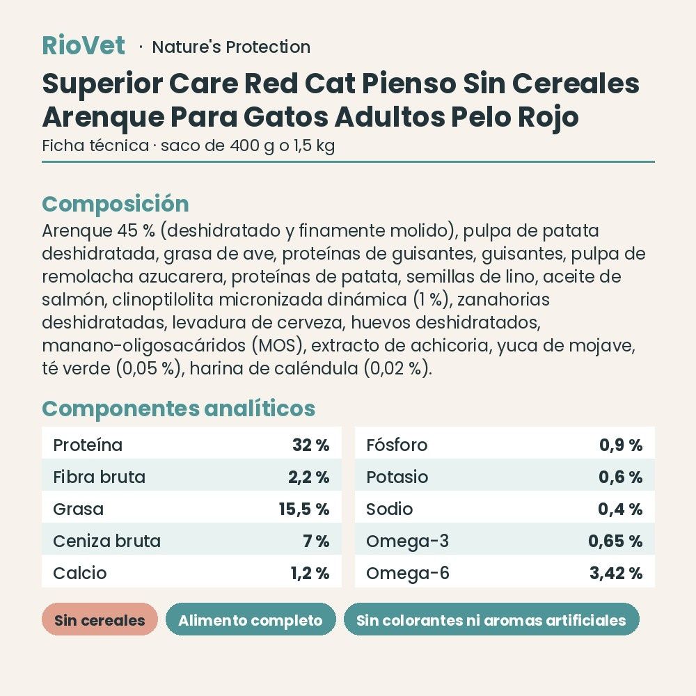Nature's Protection Superior Care Red Cat Pienso Sin Cereales Arenque Para Gatos Adultos Pelo Rojo ficha técnica