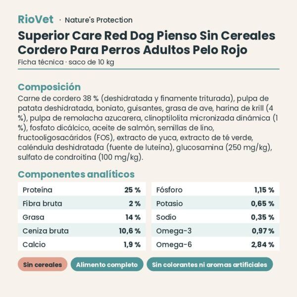 Nature's Protection Superior Care Red Dog Pienso Sin Cereales Cordero Para Perros Adultos Pelo Rojo 10 kg ficha técnica