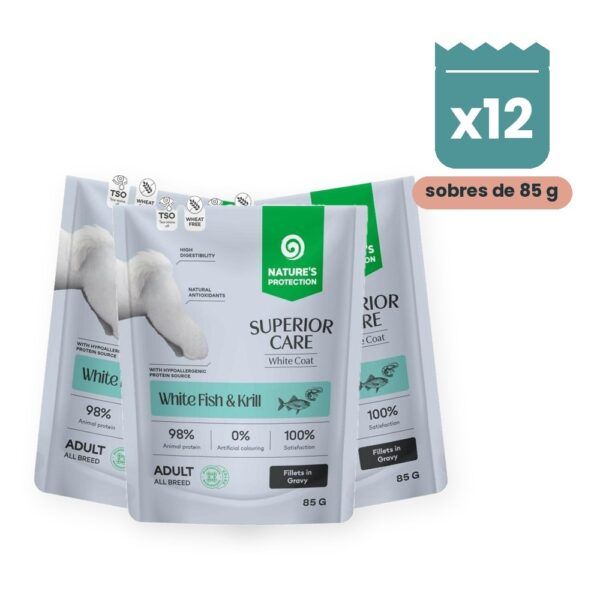 Nature's Protection Superior Care White Dog Comida Húmeda Sin Cereales Pescado Blanco Y Krill Para Perros Pelo Blanco Pack 12x85 g