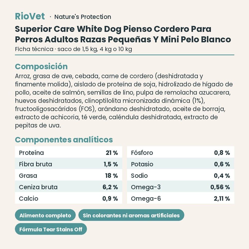 Nature's Protection Superior Care White Dog Pienso Cordero Para Perros Adultos Razas Pequeñas Y Mini Pelo Blanco ficha técnica