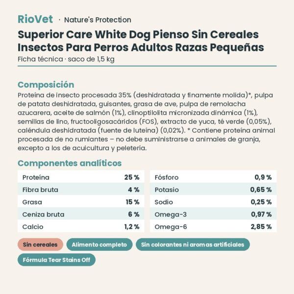 Nature's Protection Superior Care White Dog Pienso Sin Cereales Insectos Para Perros Adultos Razas Pequeñas 1,5 kg ficha técnica