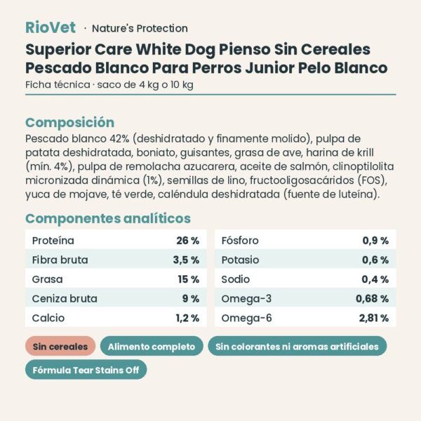 Nature's Protection Superior Care White Dog Pienso Sin Cereales Pescado Blanco Para Perros Junior Pelo Blanco ficha técnica