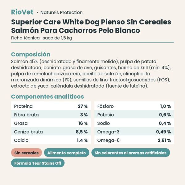 Nature's Protection Superior Care White Dog Pienso Sin Cereales Salmón Para Cachorros Pelo Blanco ficha técnica
