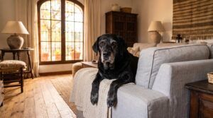 Perro sénior apoyado en el borde del sofá antes de subir