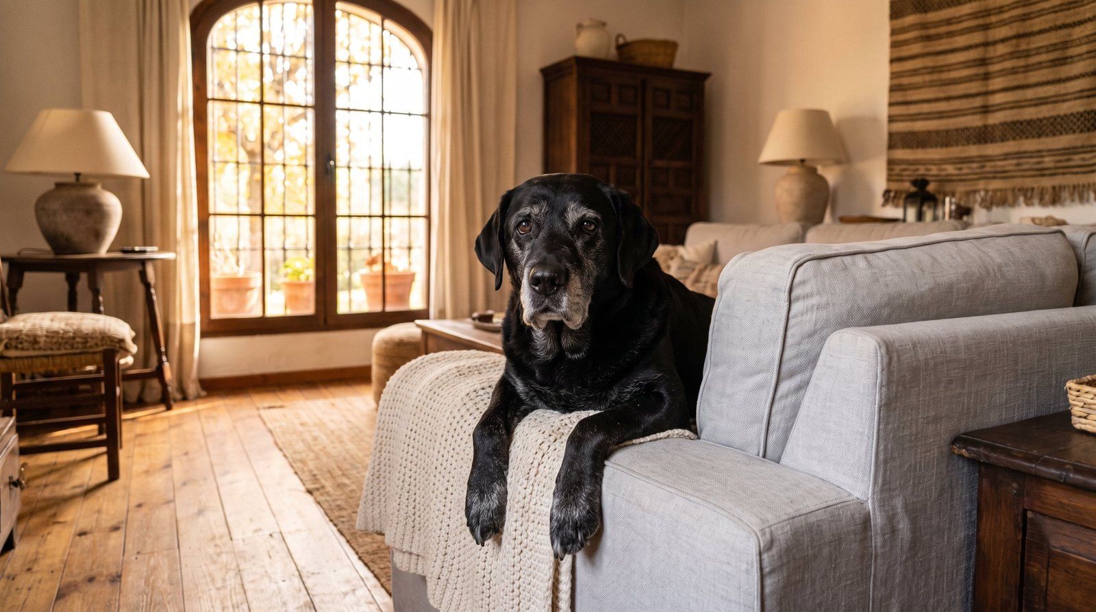 Perro sénior apoyado en el borde del sofá antes de subir