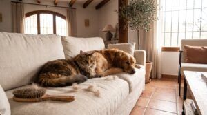 Gato y perro tumbados en un sofá con pelo suelto y un cepillo