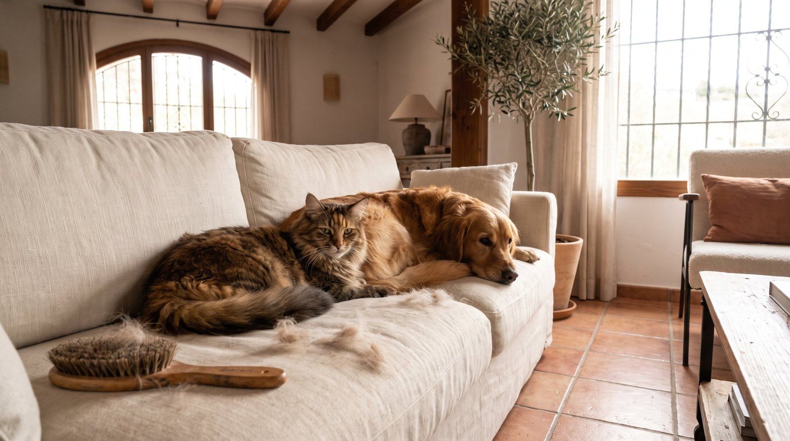Gato y perro tumbados en un sofá con pelo suelto y un cepillo
