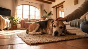 Beagle sénior tumbado en la alfombra con una mano acariciándole