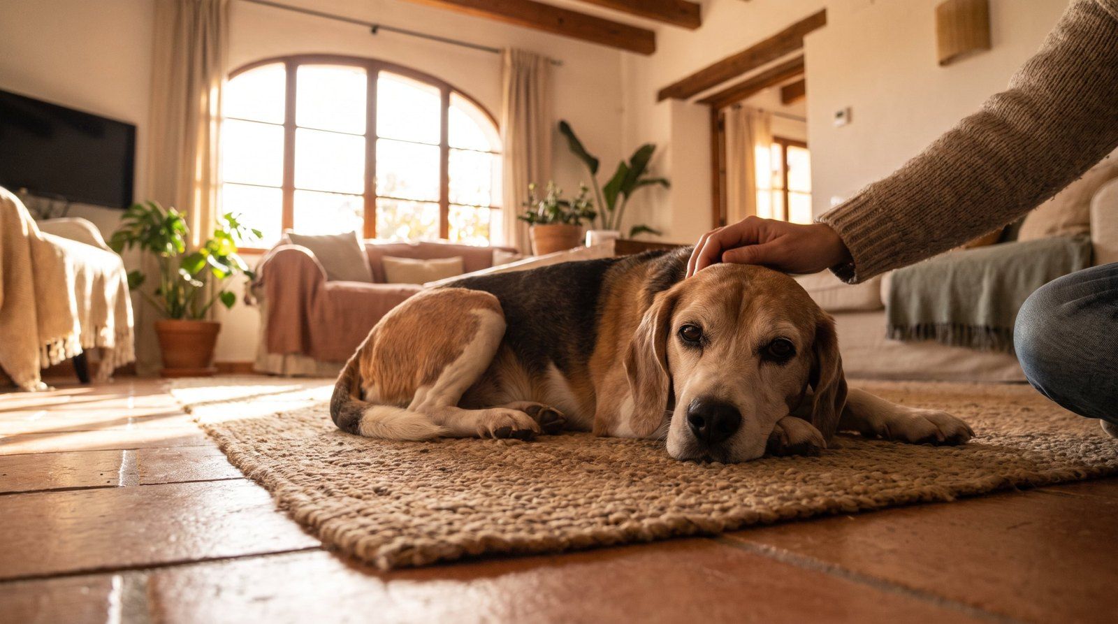 Beagle sénior tumbado en la alfombra con una mano acariciándole