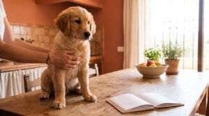 Cachorro golden retriever sobre la mesa junto a una cartilla veterinaria