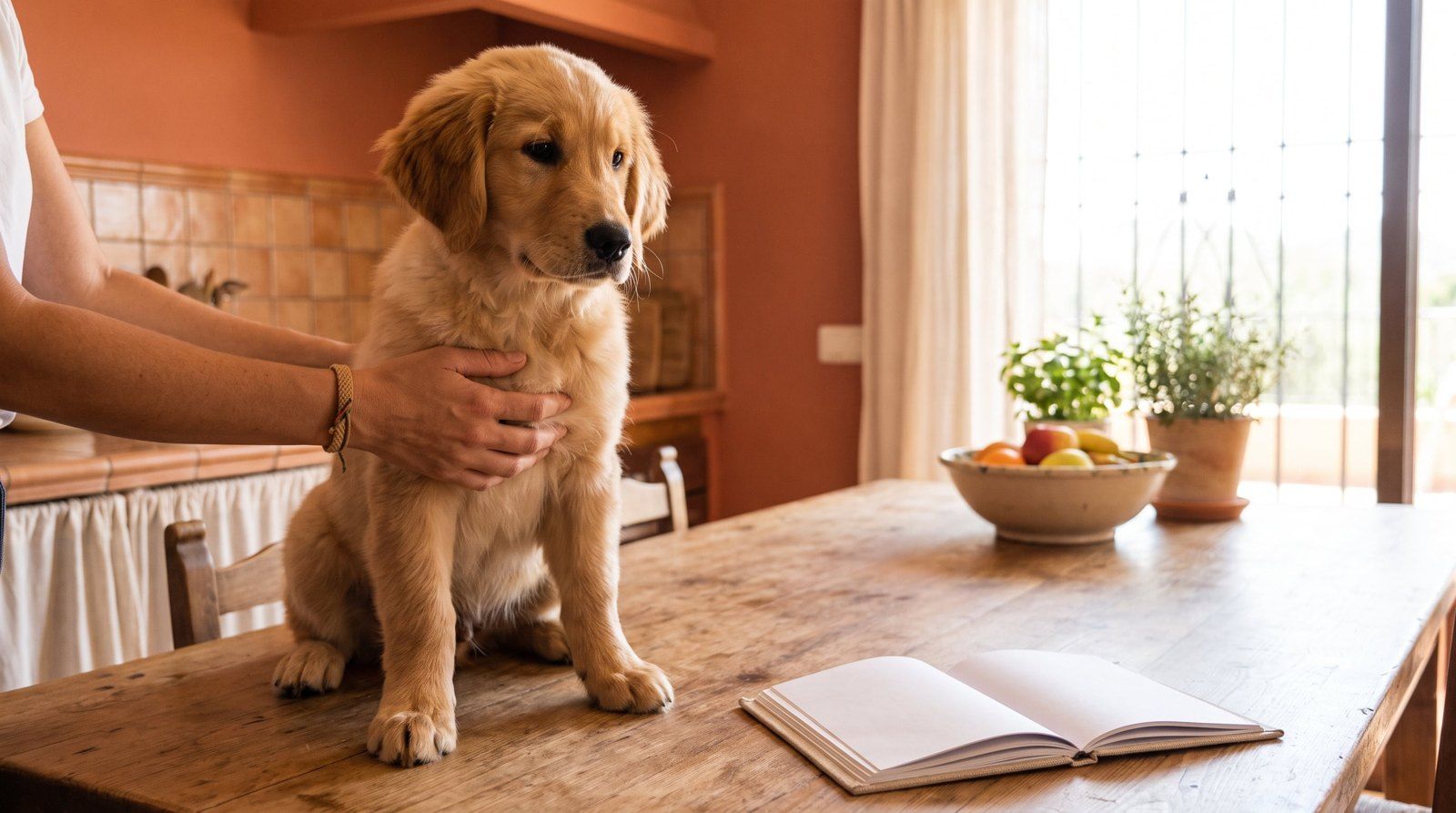 Cachorro golden retriever sobre la mesa junto a una cartilla veterinaria