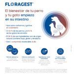 Infografía Floragest: apto para cachorros y gatitos, 96 % ingredientes de origen natural, un comprimido al día