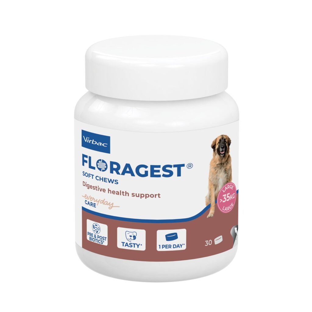 Bote de Virbac Floragest Soft Chews para perros grandes de más de 35 kg, 30 chews