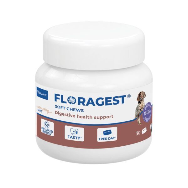 Bote de Virbac Floragest Soft Chews para perros medianos de 15 a 35 kg, 30 chews