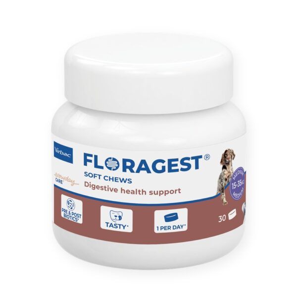 Bote de Virbac Floragest Soft Chews para perros medianos de 15 a 35 kg, 30 comprimidos masticables