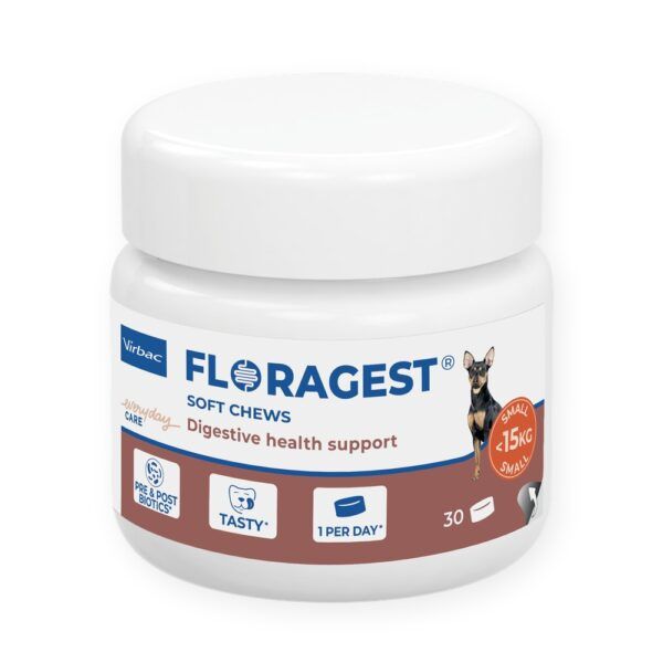 Bote de Virbac Floragest Soft Chews para perros pequeños de hasta 15 kg, 30 comprimidos masticables