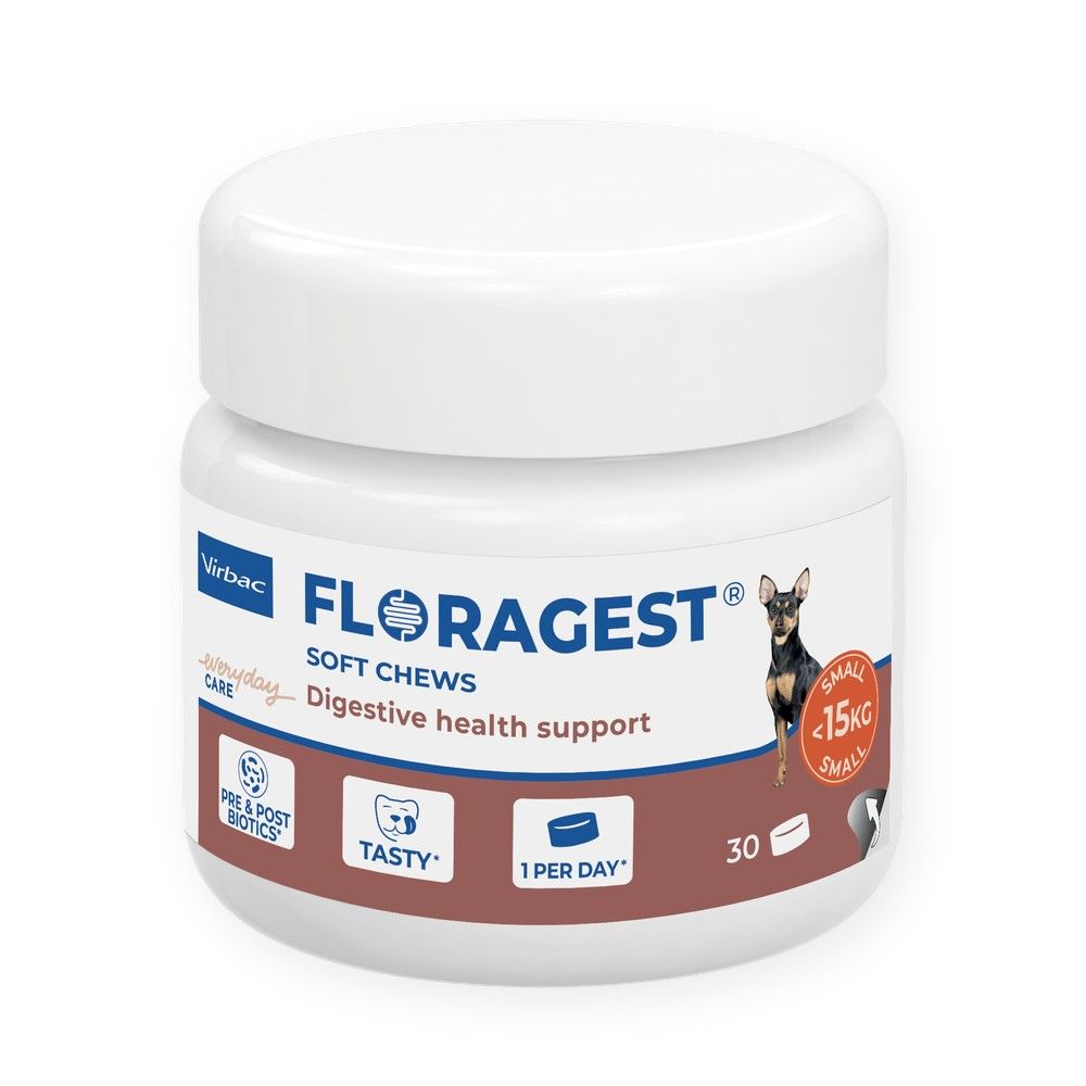 Bote de Virbac Floragest Soft Chews para perros pequeños de hasta 15 kg, 30 comprimidos masticables