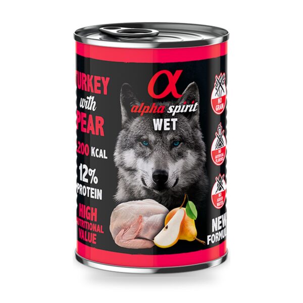 Alpha Spirit Paté de Pavo con Pera para Perros en Lata Pack 6×400 g - unidad
