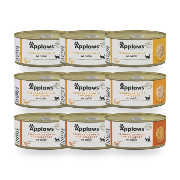 Contenido del pack Applaws Latas Selección De Pollo En Caldo Para Gatos Pack 12x70 g
