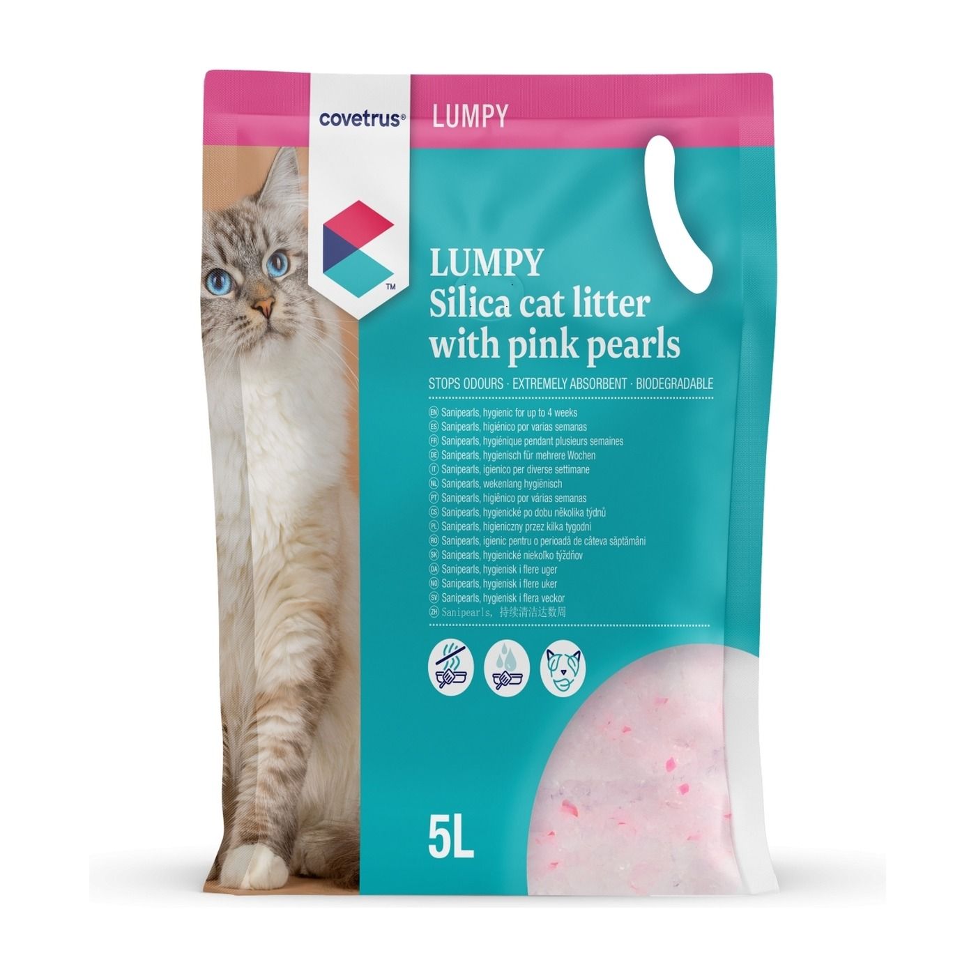 Arena de sílice rosa Sanipearls Covetrus 5 L Arena de sílice con perlas rosas Sanipearls de Covetrus para gatos, bolsa de 5 litros
