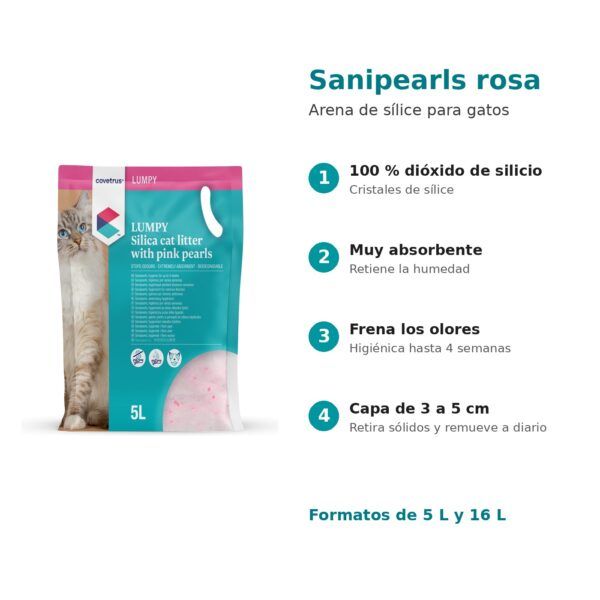Características y modo de uso de la arena de sílice Sanipearls rosa para gatos