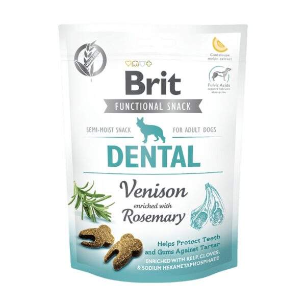 Bolsa de 150 g del snack Brit Care Functional Dental con venado y romero para perros