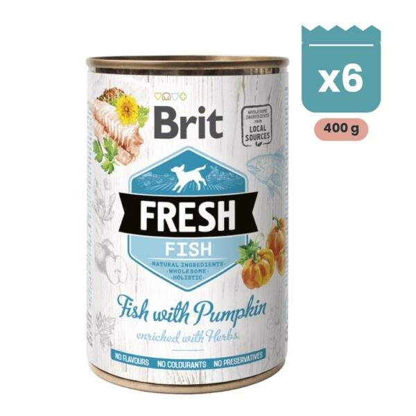 Pack de latas Brit Fresh de pescado con calabaza para perros, 400 g