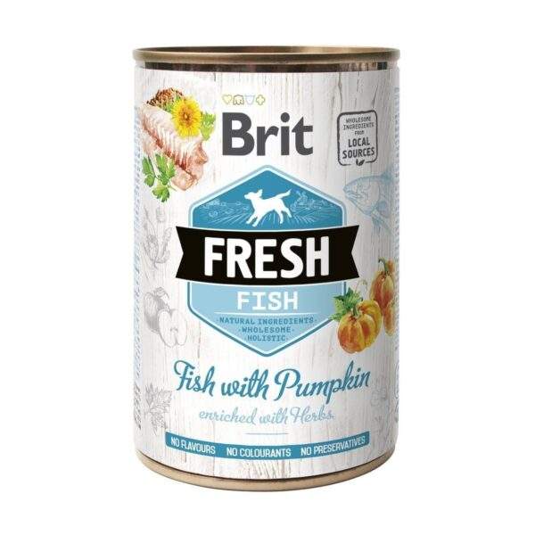 Guía de alimentación de las latas Brit Fresh de pescado con calabaza