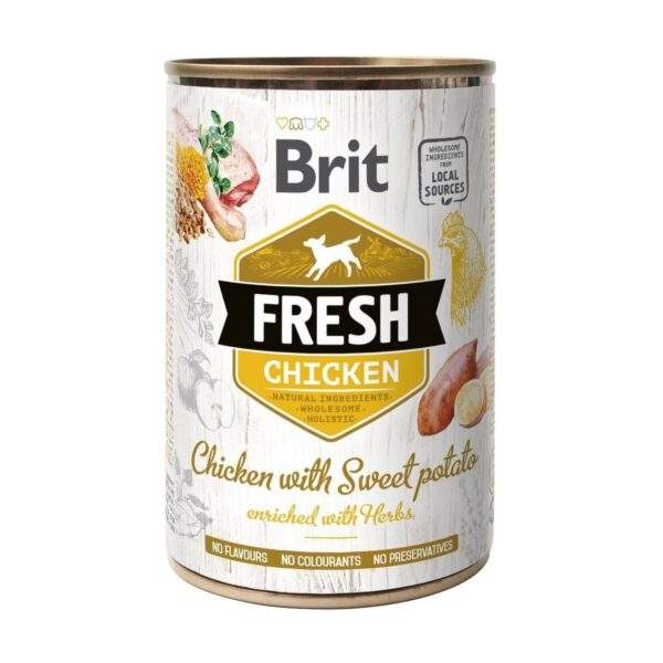 Guía de alimentación de las latas Brit Fresh de pollo con batata