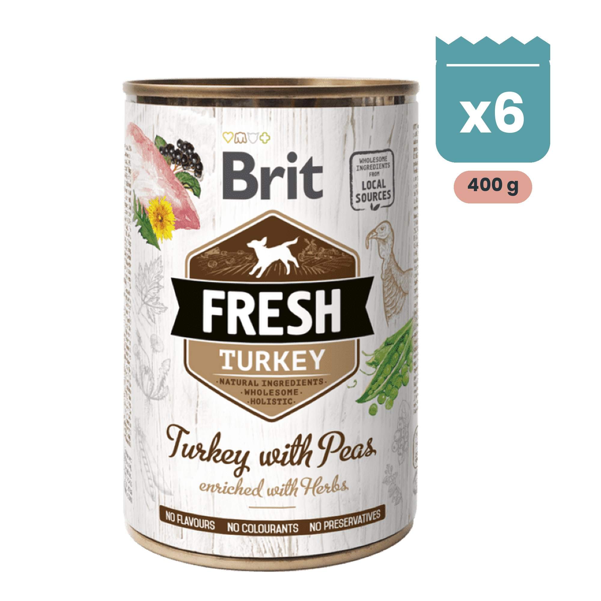 brit-fresh-pavo-y-guisantes-6x400-gr-1-producto Pack de latas Brit Fresh de pavo con guisantes para perros, 400 g