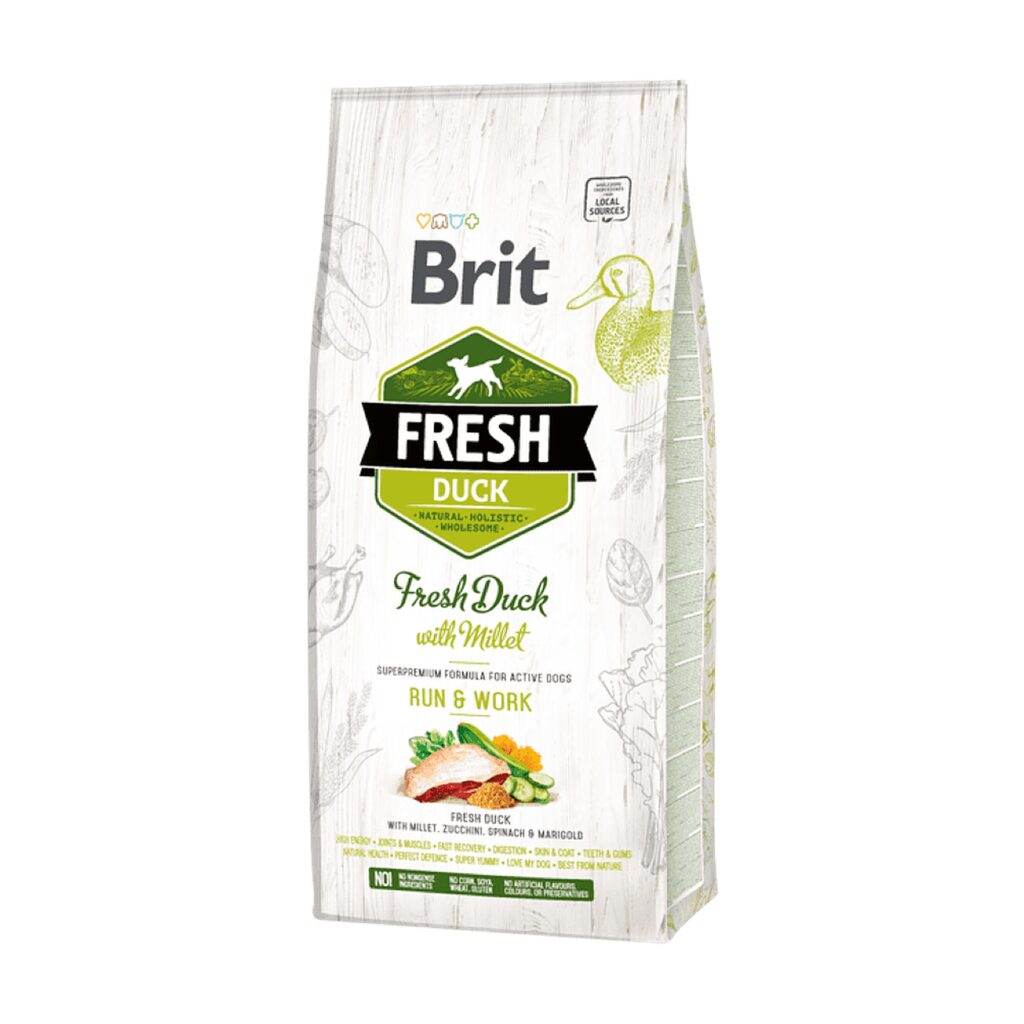 Saco de Brit Fresh Duck with Millet Adult Run & Work con pato fresco para perros activos