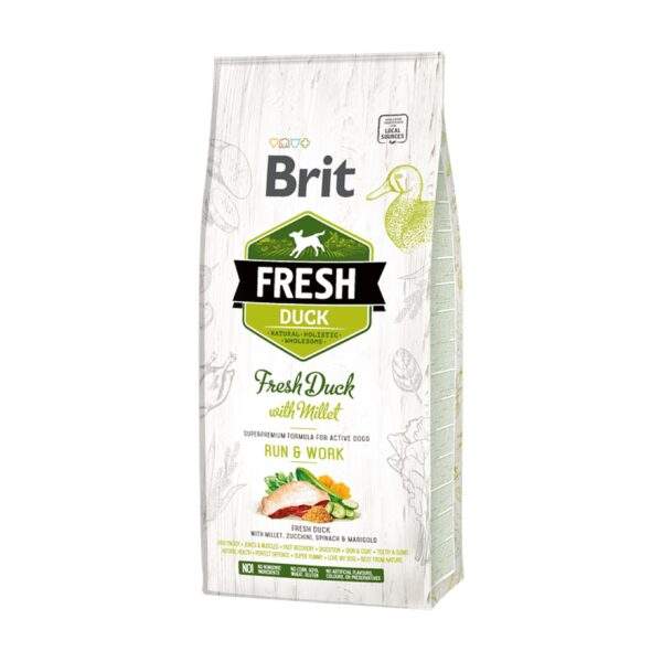 Saco de Brit Fresh Duck with Millet Adult Run & Work con pato fresco para perros activos