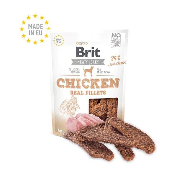 Bolsa del snack Brit Jerky filetes de pollo para perros junto a los filetes de carne seca