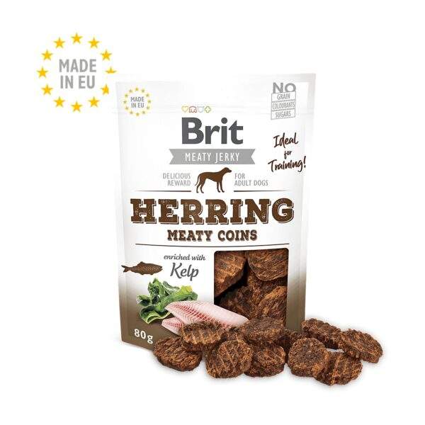 Bolsa de 80 g del snack Brit Jerky monedas de arenque para perros con monedas de carne seca