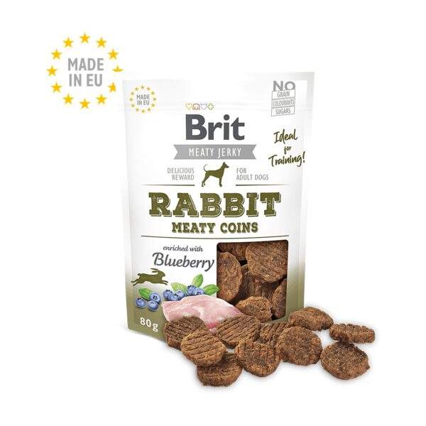 Bolsa de 80 g del snack Brit Jerky monedas de conejo para perros junto a las monedas de carne seca