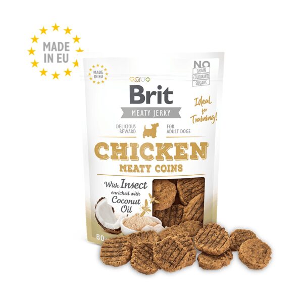 Bolsa de 80 g del snack Brit Jerky monedas de pollo con insectos para perros con monedas de carne seca