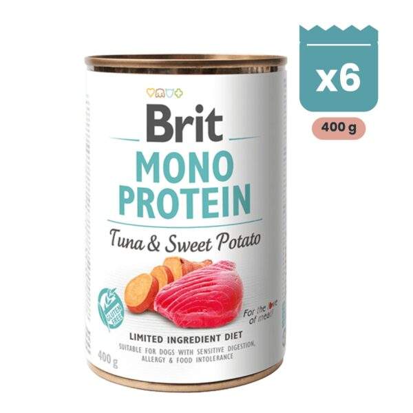 Pack de latas Brit Mono Protein de atún y boniato para perros, 400 g