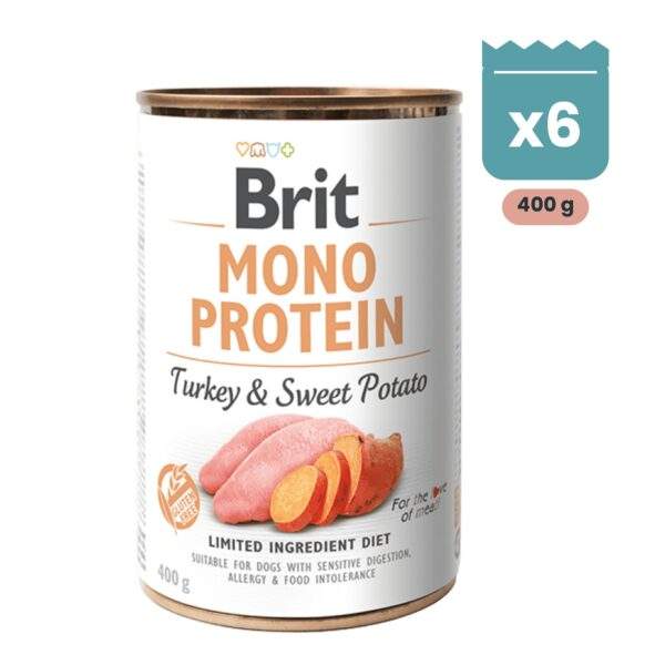 Pack de latas Brit Mono Protein de pavo y batata para perros, 400 g