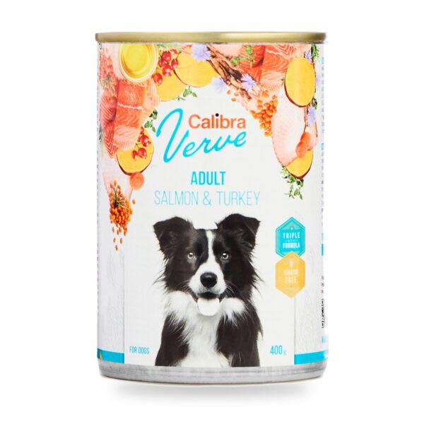 Calibra Dog Verve Adult Salmón y Pavo Sin Cereales para Perros en Lata Pack 6×400 g - unidad
